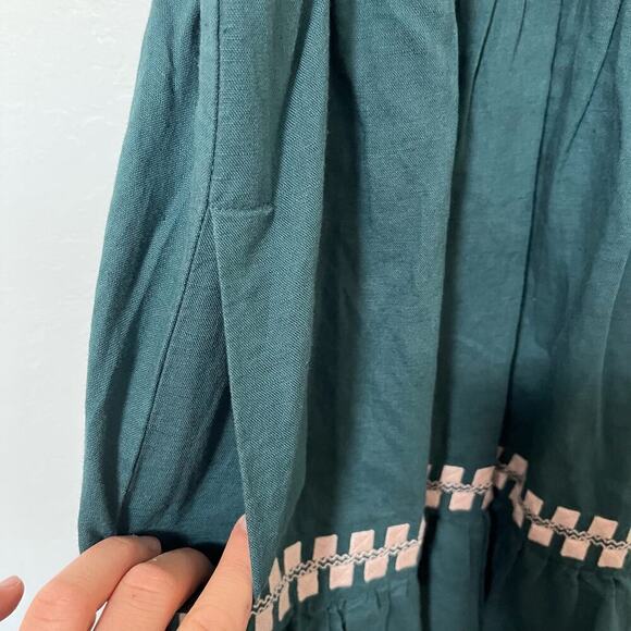 Madewell Embroidered Linen oFlutter Sleeve Mini Dress Size S Evergreen Forest - Picture 9 of 12